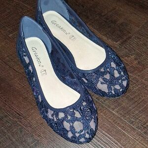 Greatonu Navy Lace Ballet Flats with Floral Cutwork Leather Sole